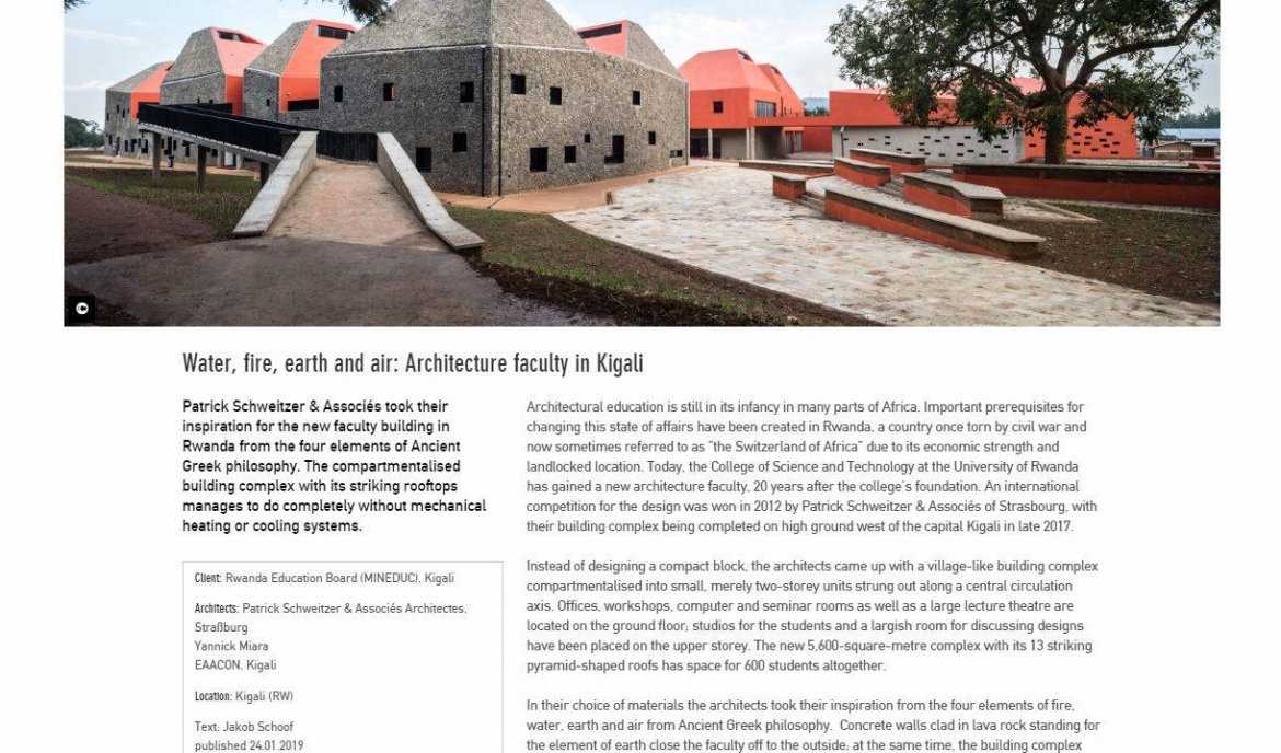 Article sur l'Ecole d'Architecture de Kigali sur le site Detail Online